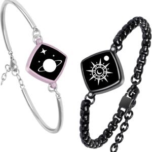 Dacida Long Distance Touch Bracelets Jewelry Set, Remote Smart Connection Love Bracelet,Send SOS SMS, Relationship Bracelets Moon Star for Couples Lovers Family Friends Festivals Valentine's Day Gifts Pink
