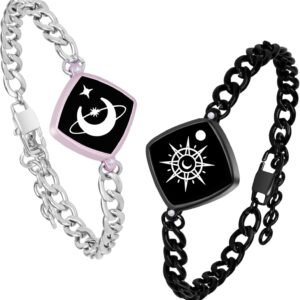 Dacida Long Distance Touch Bracelets Jewelry Set, Remote Smart Connection Love Bracelet,Send SOS SMS Relationship Bracelets Moon Star for Couples Lovers Family Friends Festivals Valentine's Day Gifts Pink
